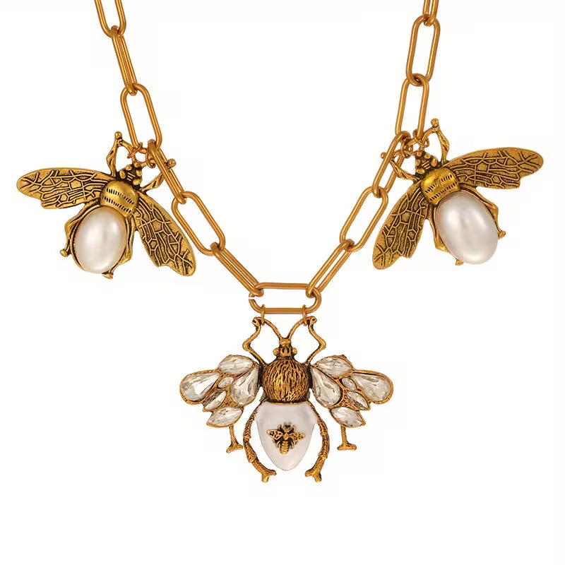 Golden Alloy Bee Inlaid Chain Necklace